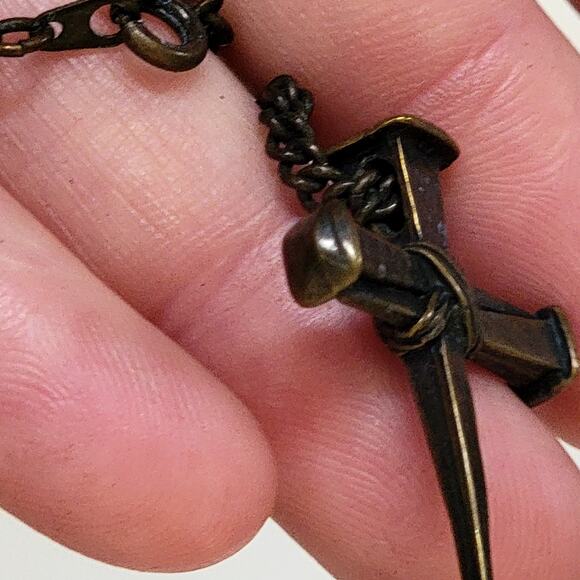 Bronze Tone Nail Cross Pendant Necklace Rustic Christian Faith Religious Jewelry - Picture 9 of 10